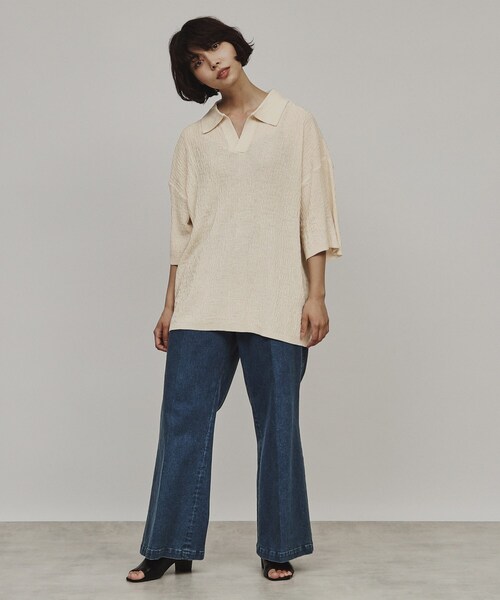 tk.TAKEO KIKUCHI（ティーケータケオキクチ）の「◆スキッパーニットポロシャツ（Tシャツ/カットソー・レディース・オフホワイト/ブラック/グリーン系・66）」の19枚目の写真