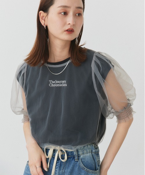 ad thie(アドティエ)の「シャーリング チュールブラウス(シャツ/ブラウス・レディース・ブルー/ブラック/アイボリー/ライトグレー・FREE)」の1枚目の写真