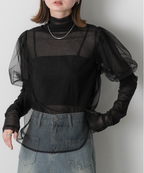 ad thie(アドティエ)の「シャーリング チュールブラウス(シャツ/ブラウス・レディース・ブルー/ブラック/アイボリー/ライトグレー・FREE)」の2枚目の写真
