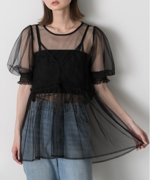 ad thie(アドティエ)の「シャーリング チュールブラウス(シャツ/ブラウス・レディース・ブルー/ブラック/アイボリー/ライトグレー・FREE)」の12枚目の写真