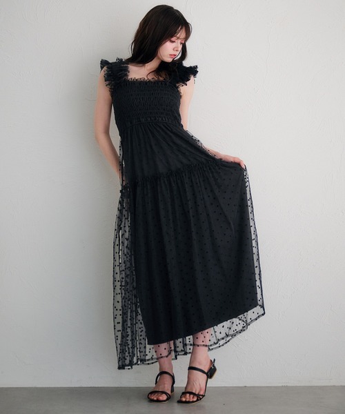 fupel(フぺル)の「shoulder volume tulle cami onepiece / ショルダーボリュー厶チュールキャミワンピース(ワンピース・レディース・ネイビー/ブラック・FREE)」の3枚目の写真