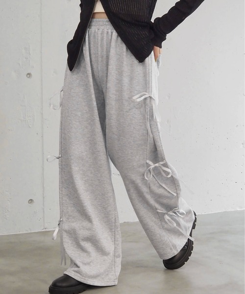 tiptop（ティップトップ）の「サイドリボンスウェットワイドパンツ（スウェットパンツ・レディース・グレー/ブラック・FREE）」の2枚目の写真