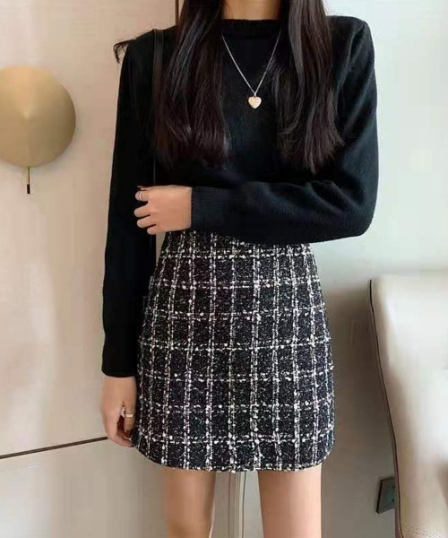 SEU(エスイーユー)の「ツイード台形ミニスカート(スカート・レディース・ブラック/ベージュ・M/L)」の3枚目の写真