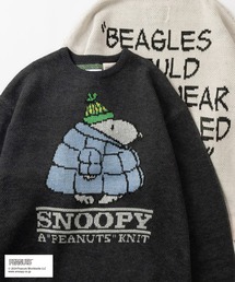 PEANUTS（ピーナッツ）の「【PEANUTS/ピーナッツ】パファーダウン スヌーピーイラスト＆バックBIGロゴ ジャガード織デザイン ビッグシルエット クルーネックニット（ニット/セーター・メンズ）」