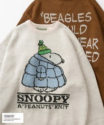 【PEANUTS/ピーナッツ】パファーダウン スヌーピーイラスト&バックBIGロゴ ジャガード織デザイン ビッグシルエット クルーネックニット