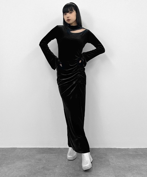 セール】【LVEU.】変形ギャザーマーメイドベロアワンピース