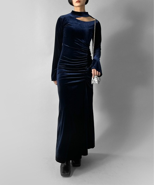 セール】【LVEU.】変形ギャザーマーメイドベロアワンピース