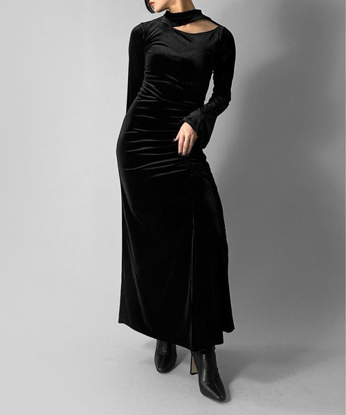 セール】【LVEU.】変形ギャザーマーメイドベロアワンピース