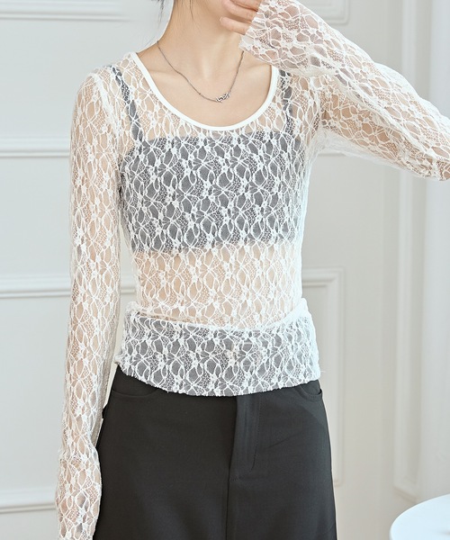 セール】ラウンドネック ストレッチ レース 長袖 プルオーバー（その他