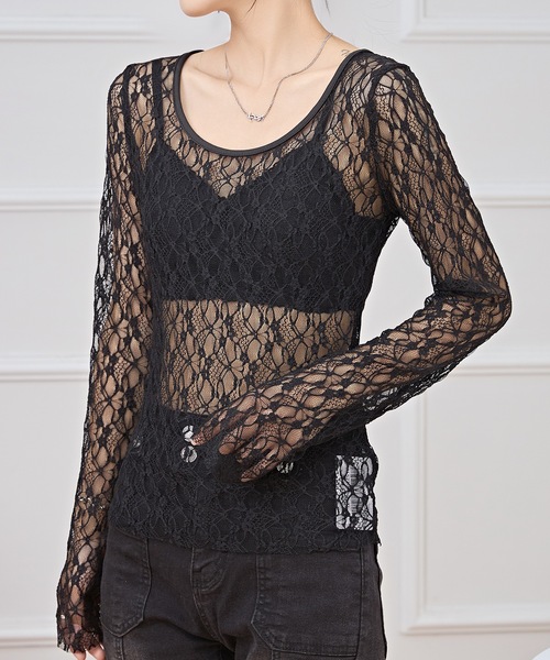 セール】ラウンドネック ストレッチ レース 長袖 プルオーバー（その他