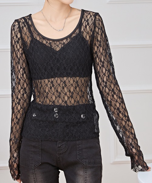 Lace Ladies(レースレディース)の「ラウンドネック ストレッチ レース 長袖 プルオーバー(その他トップス・レディース・ホワイト/ブラック・M/XL)」の3枚目の写真
