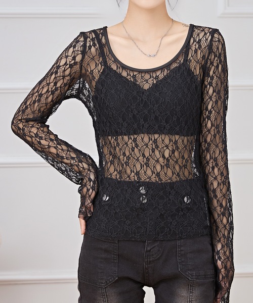 セール】ラウンドネック ストレッチ レース 長袖 プルオーバー（その他