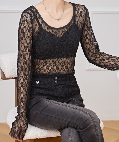 Lace Ladies(レースレディース)の「ラウンドネック ストレッチ レース 長袖 プルオーバー(その他トップス・レディース・ホワイト/ブラック・M/XL)」の7枚目の写真