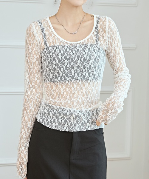 セール】ラウンドネック ストレッチ レース 長袖 プルオーバー（その他