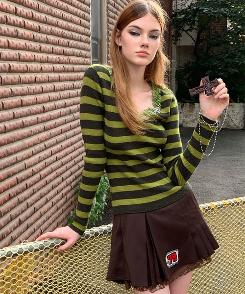 【セール】【AnyFood Universe】 レースVネックボーダートップス UNI24a037（ニット/セーター）｜AnyFood Universe（エニーフードユニバース）