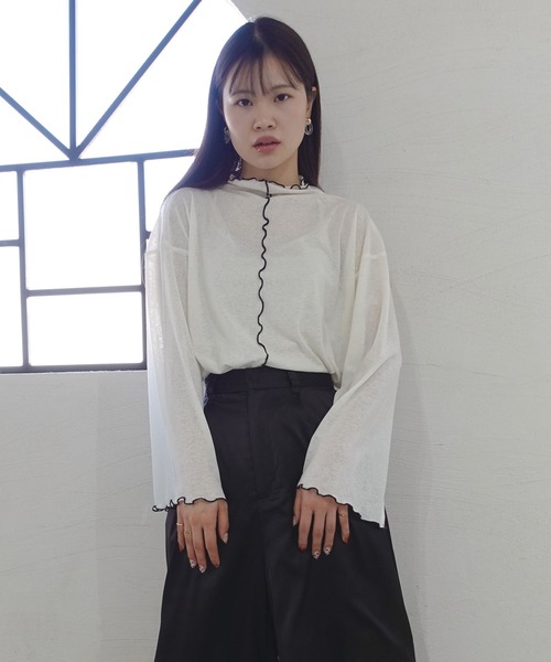 CORNERS（コーナーズ）の「ボトルネックシアーフレアスリーブトップス（Tシャツ/カットソー・レディース・アイボリー/ブラック/グレー/ライム・M）」の12枚目の写真