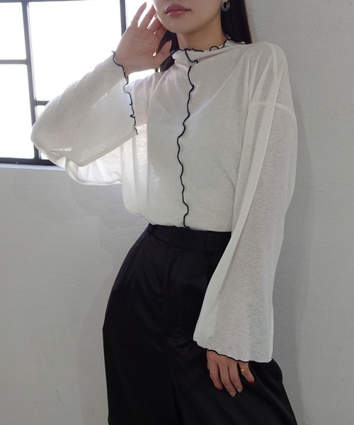 CORNERS（コーナーズ）の「ボトルネックシアーフレアスリーブトップス（Tシャツ/カットソー・レディース・アイボリー/ブラック/グレー/ライム・M）」の11枚目の写真