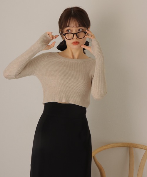 cropped lib knit pullover/クロップド ショート リブ 長袖 プル