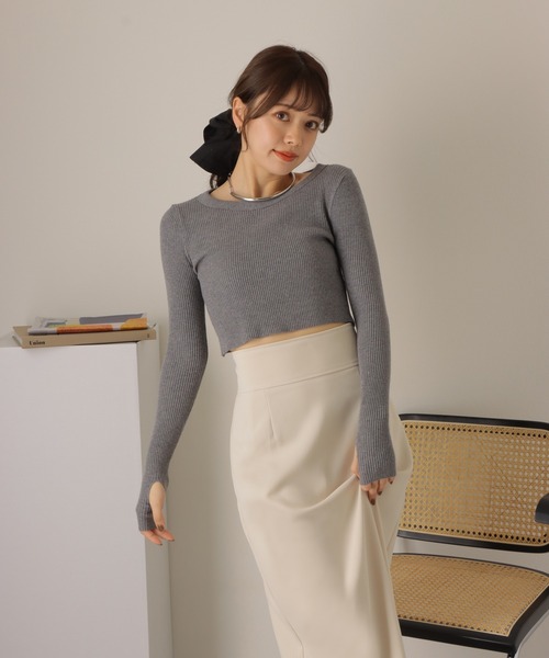 cropped lib knit pullover/クロップド ショート リブ 長袖 プル