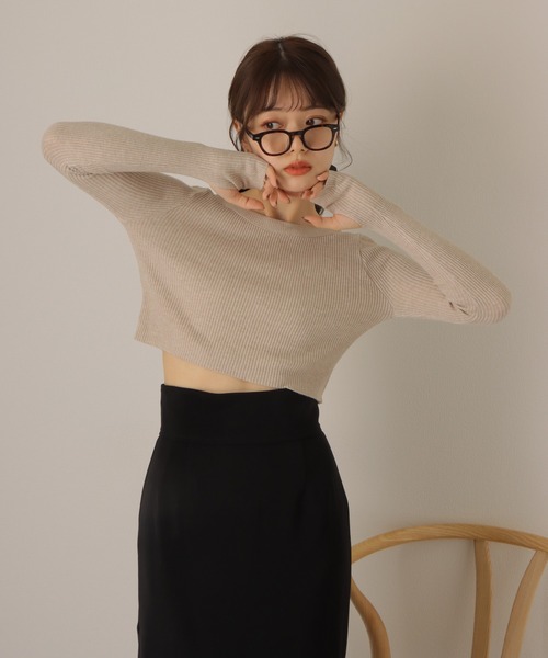 cropped lib knit pullover/クロップド ショート リブ 長袖 プル