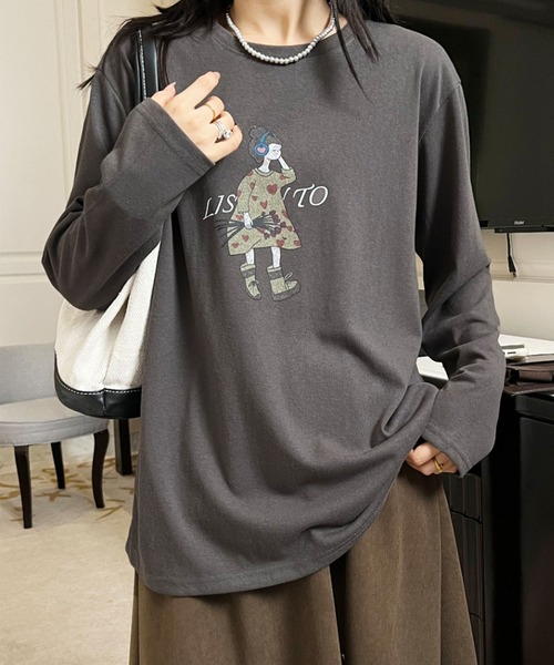 aimoha(アイモハ)の「イラストプリントロングスリーブTシャツ(Tシャツ/カットソー・レディース・ブラック/ホワイト/ダークグレー/オレンジ/イエロー・FREE)」の4枚目の写真