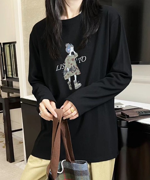 aimoha(アイモハ)の「イラストプリントロングスリーブTシャツ(Tシャツ/カットソー・レディース・ブラック/ホワイト/ダークグレー/オレンジ/イエロー・FREE)」の3枚目の写真