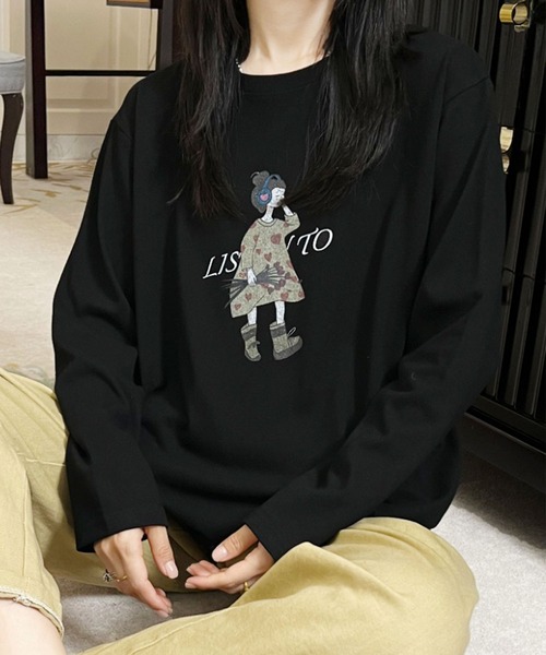 aimoha(アイモハ)の「イラストプリントロングスリーブTシャツ(Tシャツ/カットソー・レディース・ブラック/ホワイト/ダークグレー/オレンジ/イエロー・FREE)」の22枚目の写真
