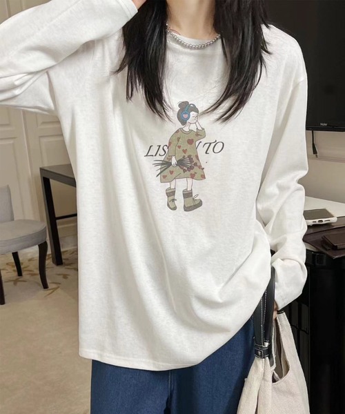 aimoha(アイモハ)の「イラストプリントロングスリーブTシャツ(Tシャツ/カットソー・レディース・ブラック/ホワイト/ダークグレー/オレンジ/イエロー・FREE)」の9枚目の写真