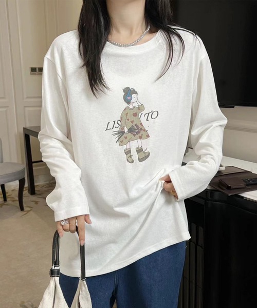 aimoha(アイモハ)の「イラストプリントロングスリーブTシャツ(Tシャツ/カットソー・レディース・ブラック/ホワイト/ダークグレー/オレンジ/イエロー・FREE)」の10枚目の写真