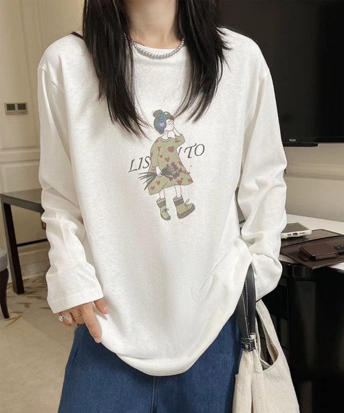 aimoha(アイモハ)の「イラストプリントロングスリーブTシャツ(Tシャツ/カットソー・レディース・ブラック/ホワイト/ダークグレー/オレンジ/イエロー・FREE)」の11枚目の写真