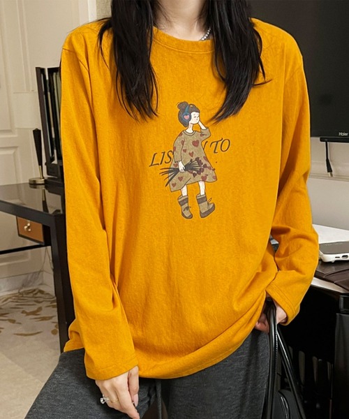 aimoha(アイモハ)の「イラストプリントロングスリーブTシャツ(Tシャツ/カットソー・レディース・ブラック/ホワイト/ダークグレー/オレンジ/イエロー・FREE)」の12枚目の写真