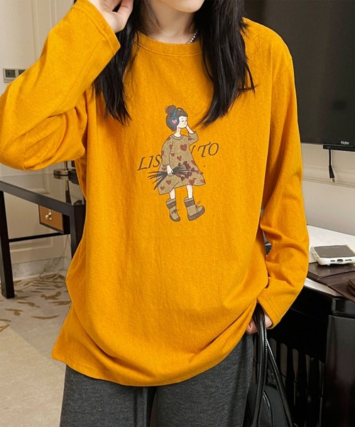 aimoha(アイモハ)の「イラストプリントロングスリーブTシャツ(Tシャツ/カットソー・レディース・ブラック/ホワイト/ダークグレー/オレンジ/イエロー・FREE)」の14枚目の写真