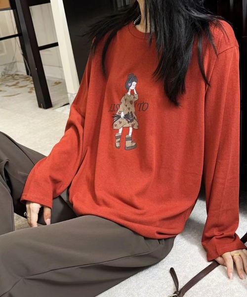 aimoha(アイモハ)の「イラストプリントロングスリーブTシャツ(Tシャツ/カットソー・レディース・ブラック/ホワイト/ダークグレー/オレンジ/イエロー・FREE)」の16枚目の写真