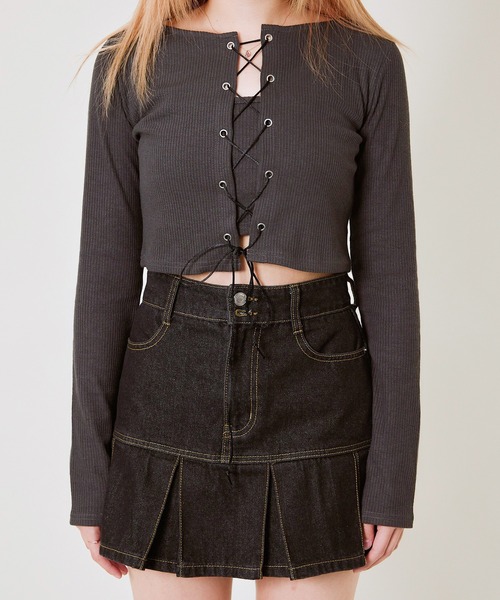 GORGE(ゴージ)の「《編み上げ×キャミSET》レディース リブ アンサンブルトップス レイヤード 春夏秋(Tシャツ/カットソー・レディース・チャコール/ブラック・F)」の3枚目の写真