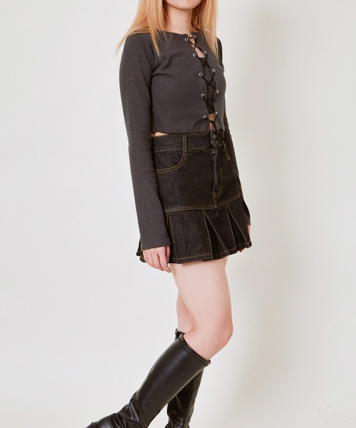 GORGE(ゴージ)の「《編み上げ×キャミSET》レディース リブ アンサンブルトップス レイヤード 春夏秋(Tシャツ/カットソー・レディース・チャコール/ブラック・F)」の11枚目の写真