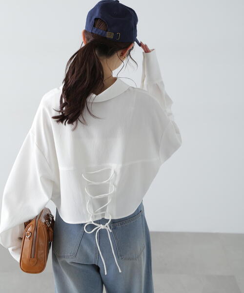 FREE'S MART（フリーズマート）の「◆バックレースアップショート丈シャツ（シャツ/ブラウス・レディース・ピンク/ホワイト/グレー/ブルー系その他・FREE）」の3枚目の写真