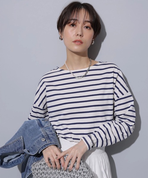 Arpege story(アルページュストーリー)の「ボーダードルマンカットソー(Tシャツ/カットソー・レディース・ネイビー/ピンク/ライトイエロー・2)」の2枚目の写真