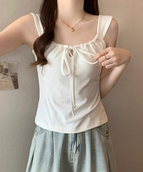 サイドカット タンクトップ ワンピース 綺麗め 韓国 カジュアル セール】2WAYフロントリボン カップ付き タンクトップ ショート