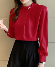 パール付きブラウス タック入り スタンドカラー 長袖 ブラウス パール オケージョン フォーマル セレモニー きれいめ 春服 秋服