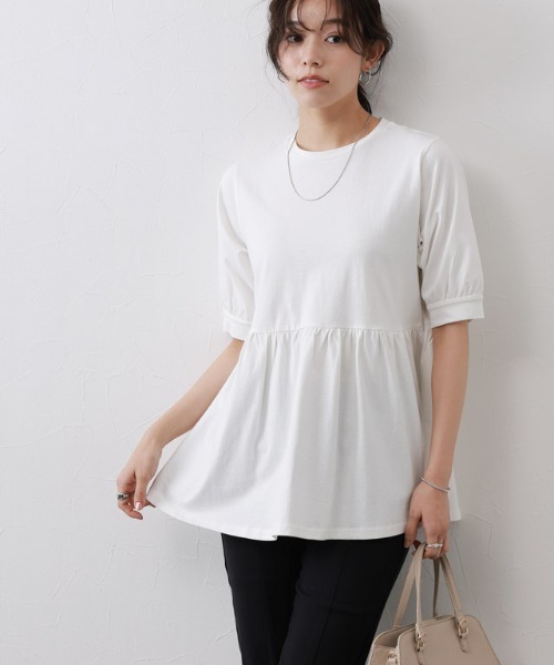 Pierrot(ピエロ)の「綿100%ペプラム半袖Tシャツ(Tシャツ/カットソー・レディース・ブルー/ブラック/オフホワイト/ネイビー/チャコール・L/M/S)」の12枚目の写真