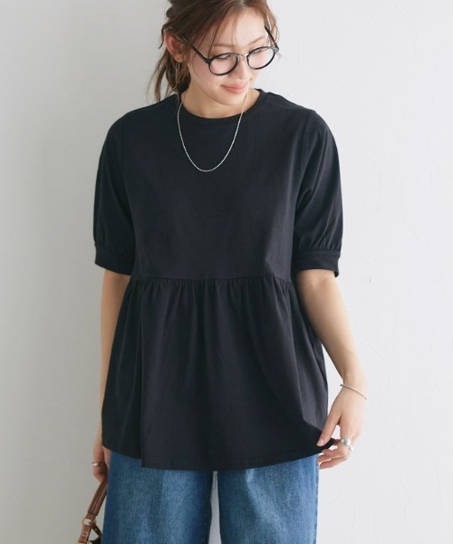 Pierrot(ピエロ)の「綿100%ペプラム半袖Tシャツ(Tシャツ/カットソー・レディース・ブルー/ブラック/オフホワイト/ネイビー/チャコール・L/M/S)」の6枚目の写真