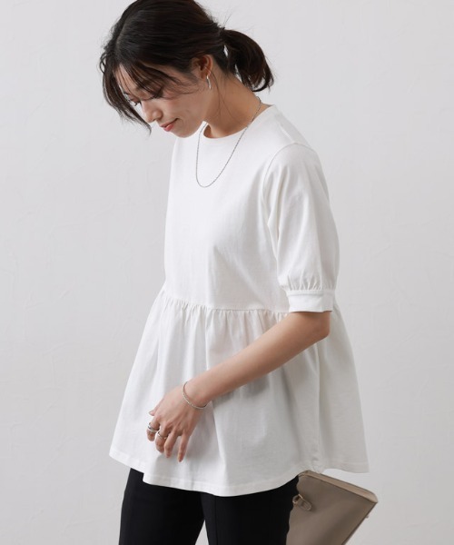 Pierrot(ピエロ)の「綿100%ペプラム半袖Tシャツ(Tシャツ/カットソー・レディース・ブルー/ブラック/オフホワイト/ネイビー/チャコール・L/M/S)」の8枚目の写真