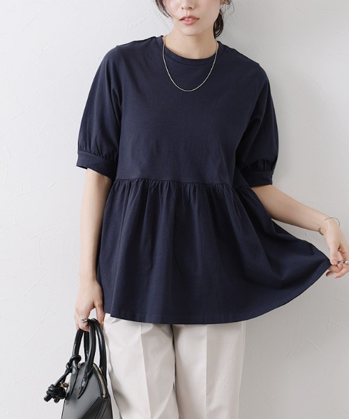 Pierrot(ピエロ)の「綿100%ペプラム半袖Tシャツ(Tシャツ/カットソー・レディース・ブルー/ブラック/オフホワイト/ネイビー/チャコール・L/M/S)」の7枚目の写真