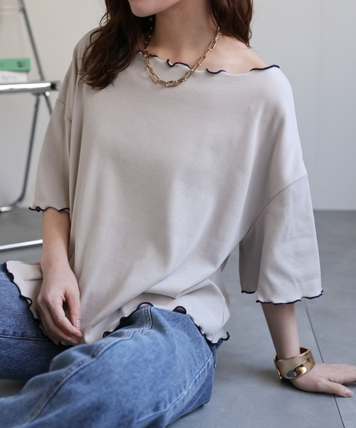 ap retro(アプレトロ)の「配色メロウテレコTee(Tシャツ/カットソー・レディース・ブラック/グレイッシュベージュ/ライトブルー/オレンジ/ホワイト・FREE)」の3枚目の写真