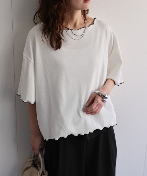 ap retro(アプレトロ)の「配色メロウテレコTee(Tシャツ/カットソー・レディース・ブラック/グレイッシュベージュ/ライトブルー/オレンジ/ホワイト・FREE)」の6枚目の写真