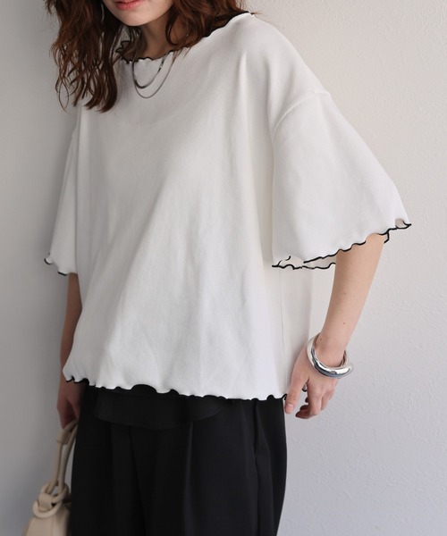 ap retro(アプレトロ)の「配色メロウテレコTee(Tシャツ/カットソー・レディース・ブラック/グレイッシュベージュ/ライトブルー/オレンジ/ホワイト・FREE)」の8枚目の写真