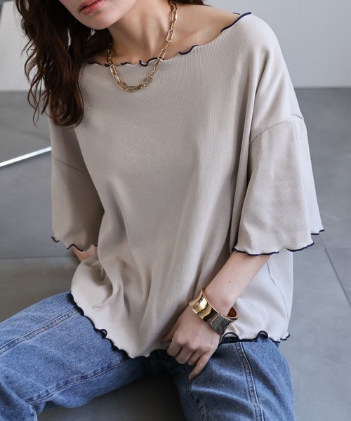 ap retro(アプレトロ)の「配色メロウテレコTee(Tシャツ/カットソー・レディース・ブラック/グレイッシュベージュ/ライトブルー/オレンジ/ホワイト・FREE)」の16枚目の写真