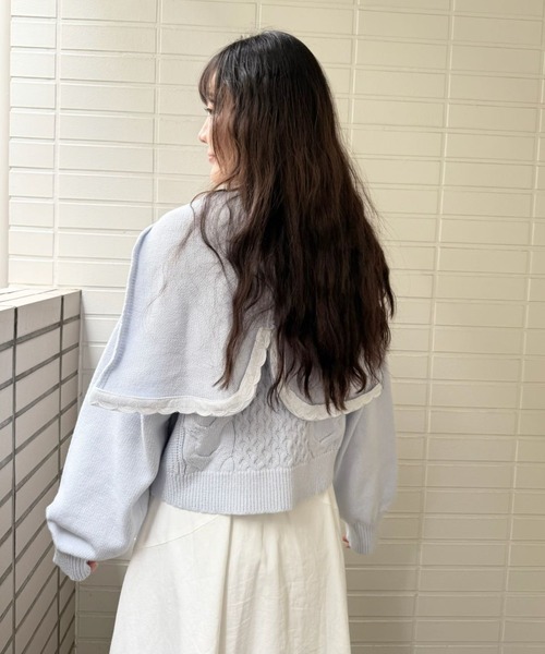 hugi(ハギ)の「RIBBON KNIT HOODIE/リボンニットフーディ(ニット/セーター・レディース・サックスブルー/オフホワイト/グレー・FREE)」の3枚目の写真