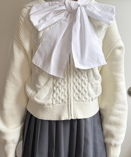 hugi(ハギ)の「RIBBON KNIT HOODIE/リボンニットフーディ(ニット/セーター・レディース・サックスブルー/オフホワイト/グレー・FREE)」の6枚目の写真