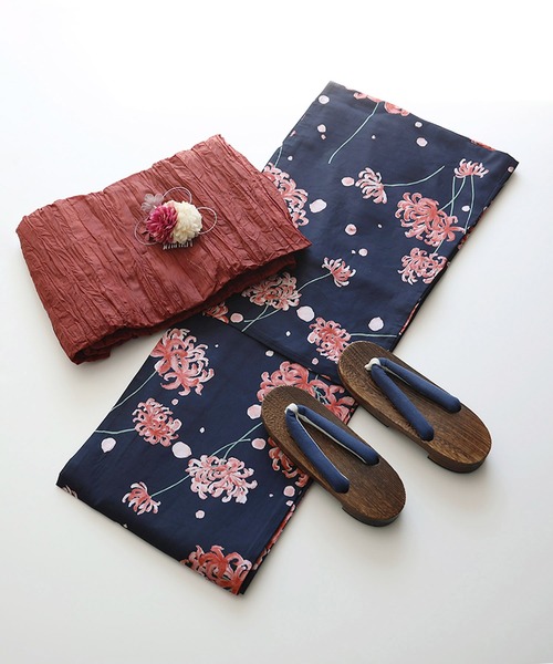 セール】花模様コットン浴衣4点セット ゆかた・へこ帯・下駄・髪飾り